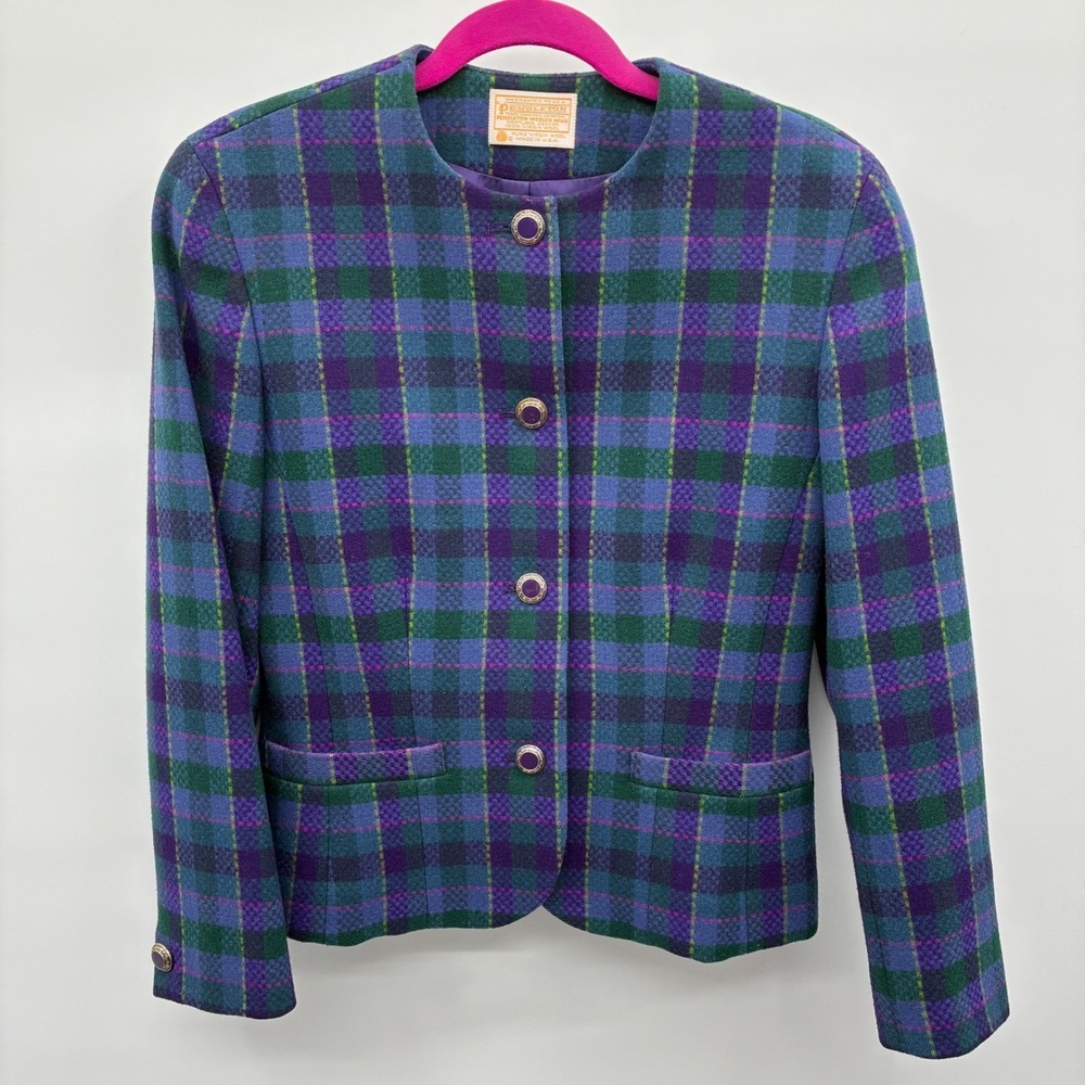 Pendleton Plaid Wool Blazer Womens 6 Purple Green Vintage Excellent Made in USA